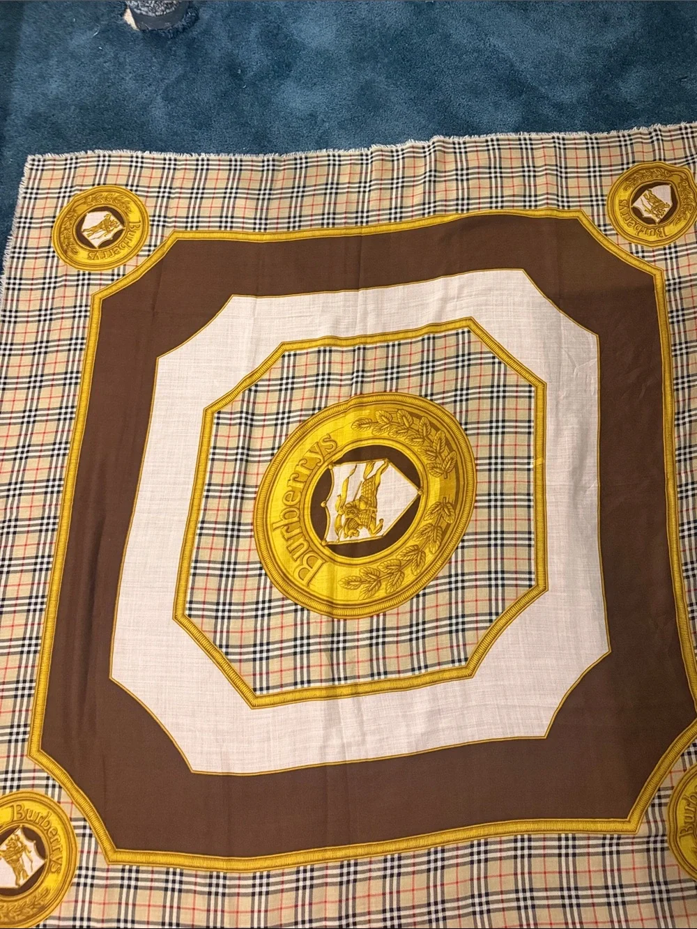 Burberry Brown, Yellow and Cream Plaid Logo Silk Scarf